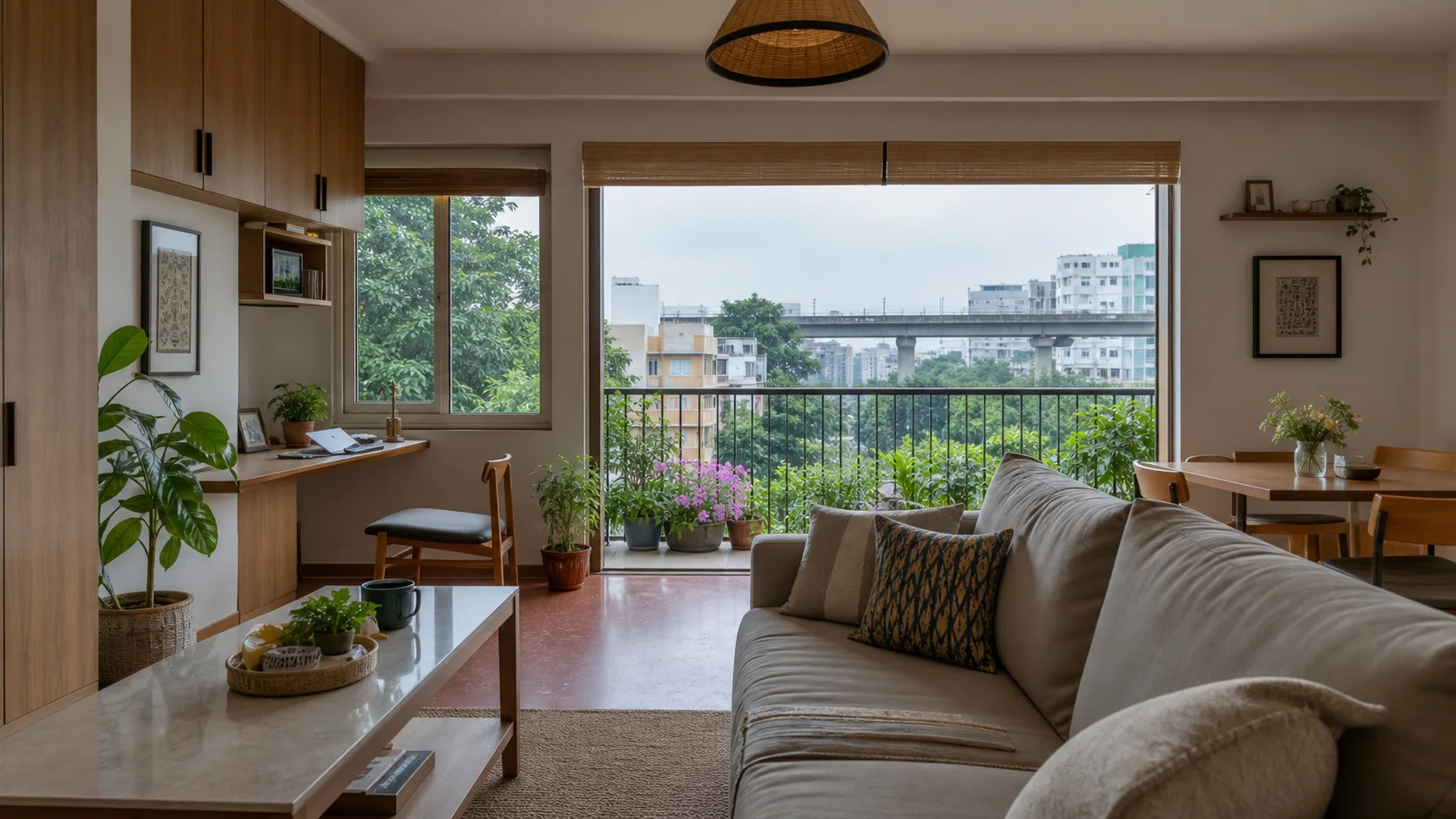 Bengaluru apartment living room with a work nook, balcony greenery and Metro view