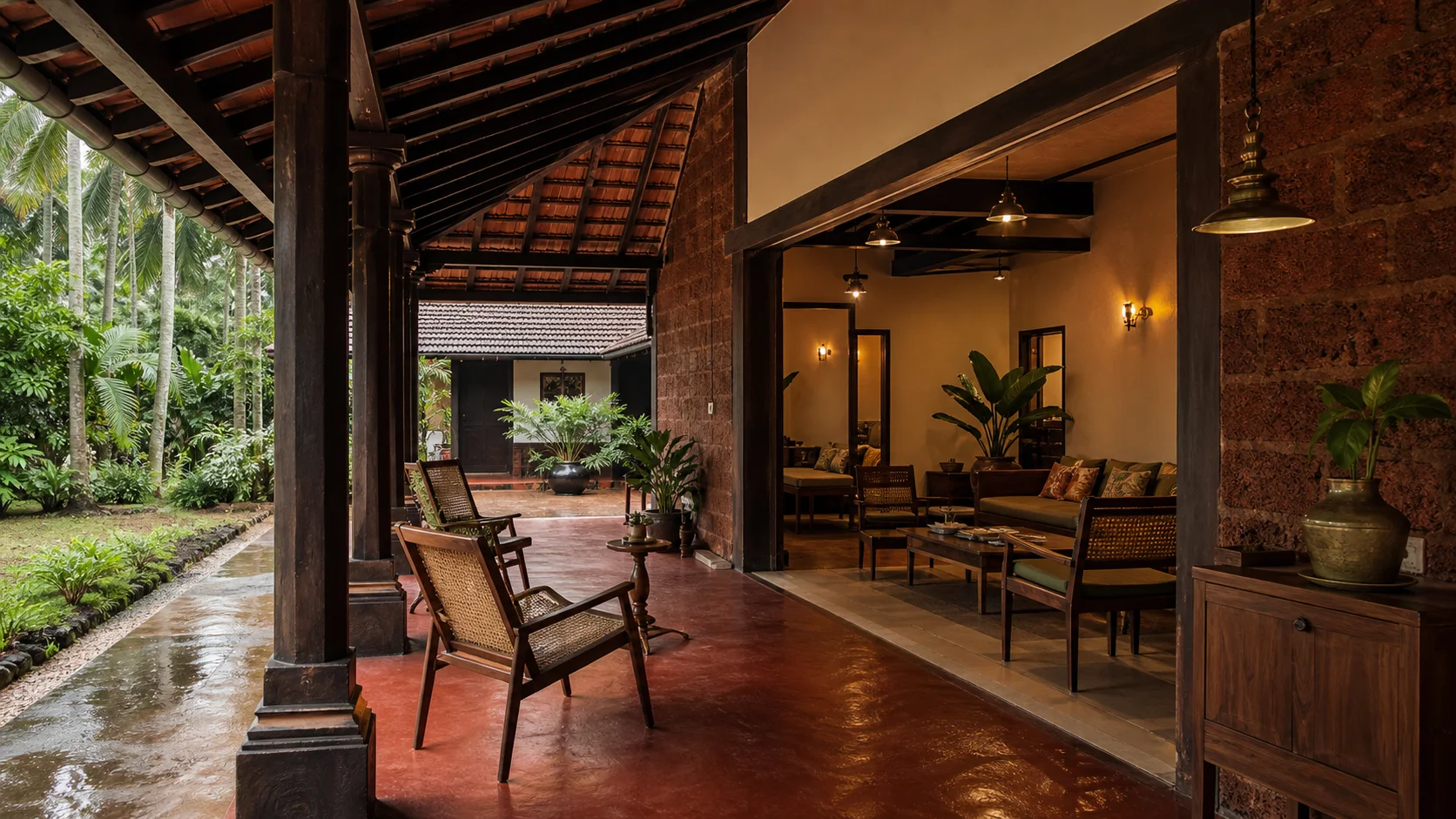 Tulu-home inspired living space with Mangalore tiles, laterite and monsoon greenery